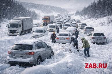 65 машин в снежном плену: в Забайкалье федеральную трассу засыпало в разгар весны
