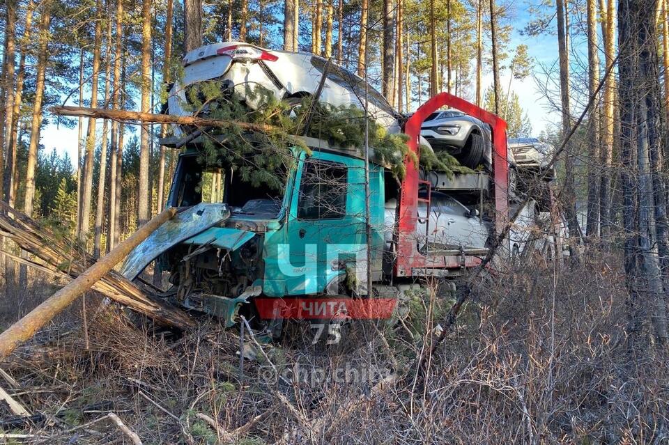 Груженый иномарками автовоз вылетел с трассы под Читой