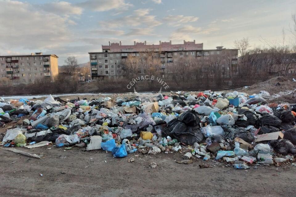 Горы мусора запечатлели очевидцы на берегу реки в Чите
