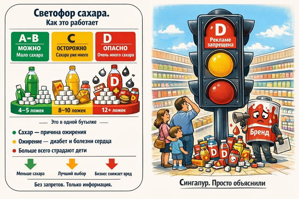 Сахар под красной лампой. Почему России пора честно маркировать еду, как это сделали в Сингапуре